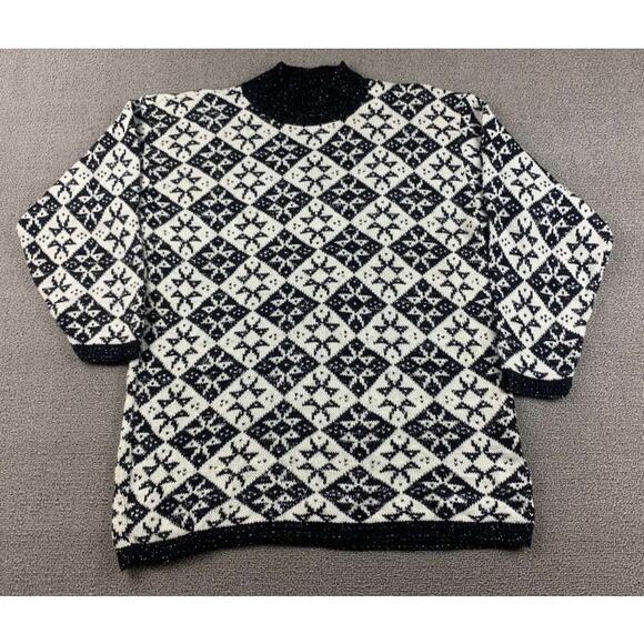 Vintage American Pride Sweater Women M Black Snowflake Pattern Metallic Silver - Picture 1 of 7